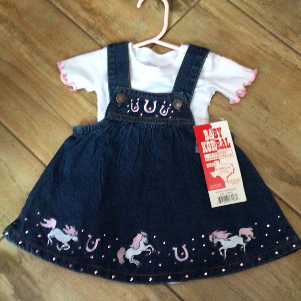 Toddler Denim Pinafore jumper with white shirt onesie with horse accents